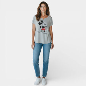 Vintage DISNEY Top Women Size XL Gray Mickey Mouse Print Short Sleeves